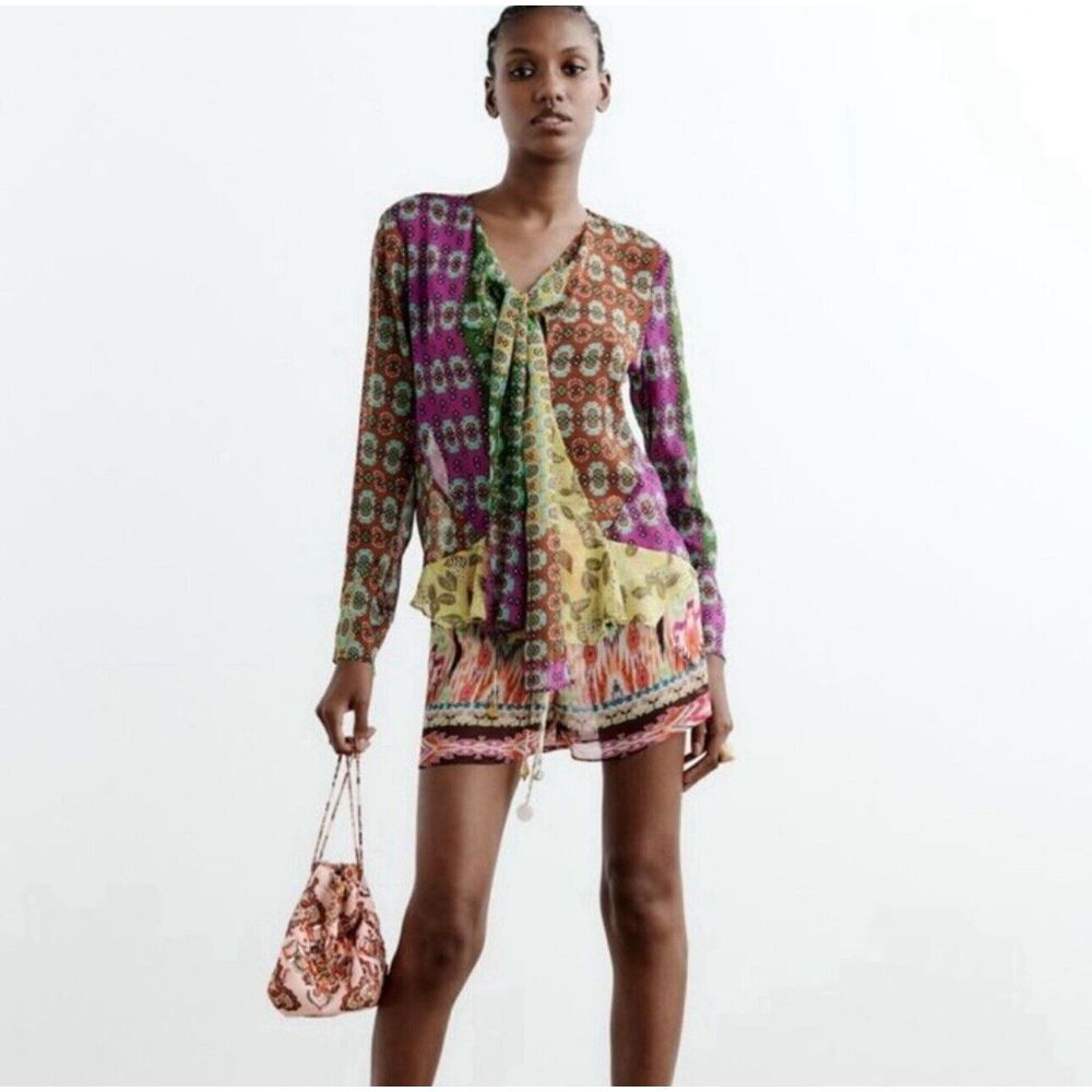 Zara Boho Peasant Scarf Y2K‎ Semi Sheer Jeweled Patchwork Blouse Size S 7718/009